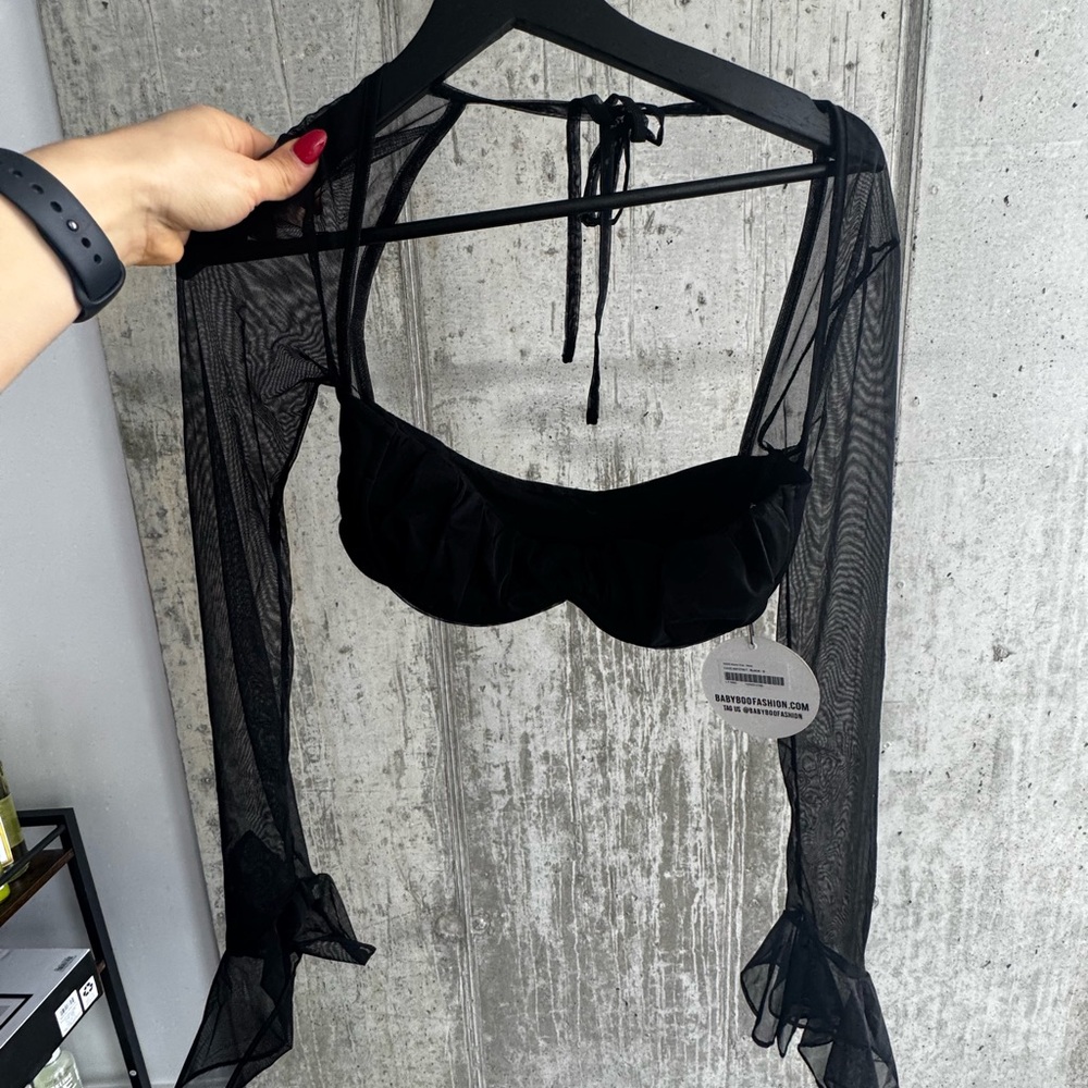 Black Sheer Long Sleeve Top with Flowing Sleeves